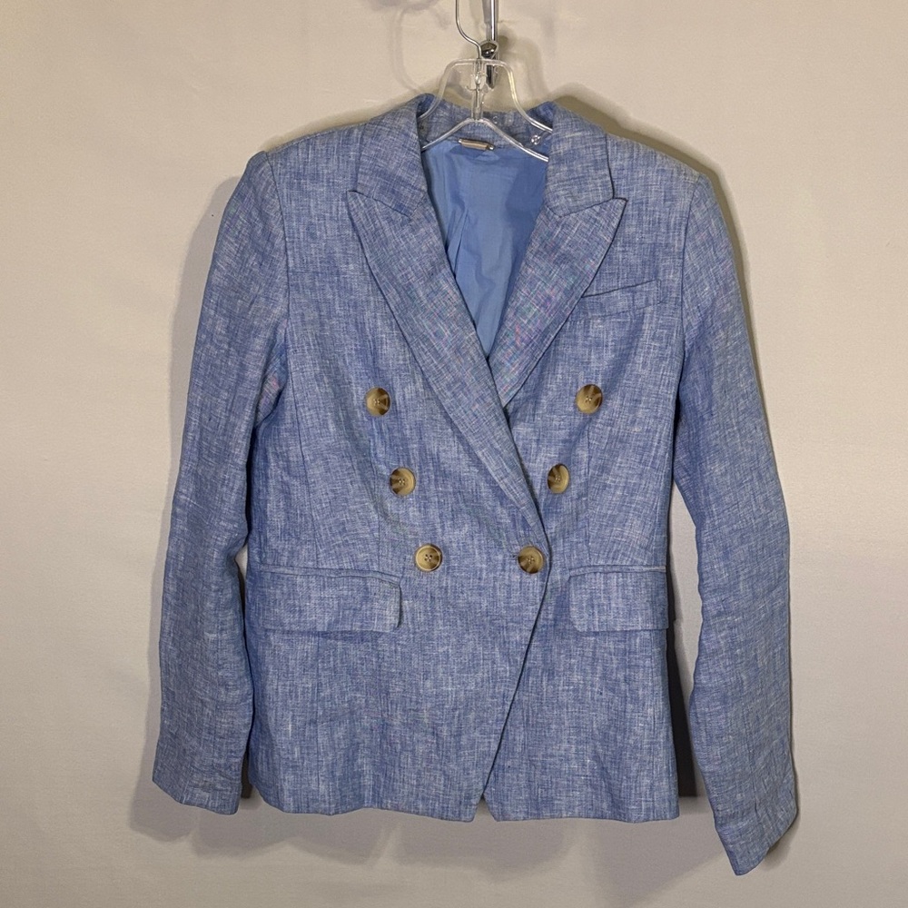 Magaschoni Blazer Women Light Blue Linen Double Breasted Asymmetrical XS - Picture 2 of 7